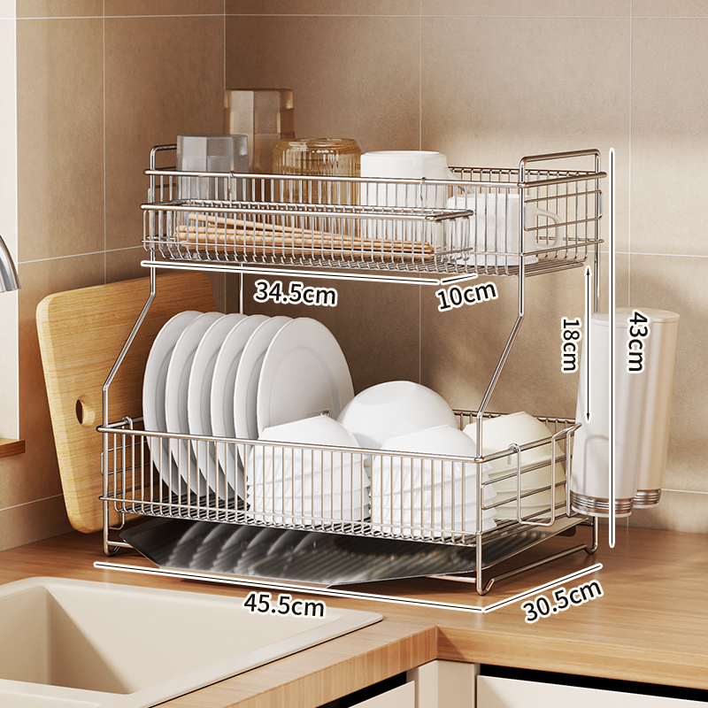 Two-tier stainless steel kitchen bowl rack