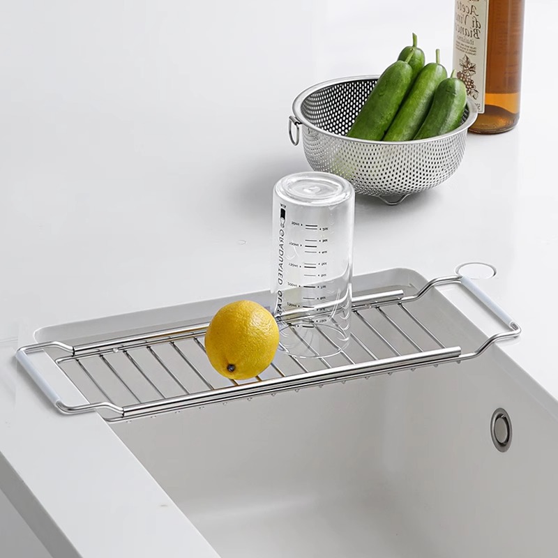 Expandable stainless steel dish draining rack for kitchen